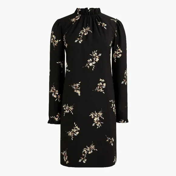 J. Crew Factory Printed Ruffleneck Shift Dress Black Floral Size 4 - Picture 2 of 6